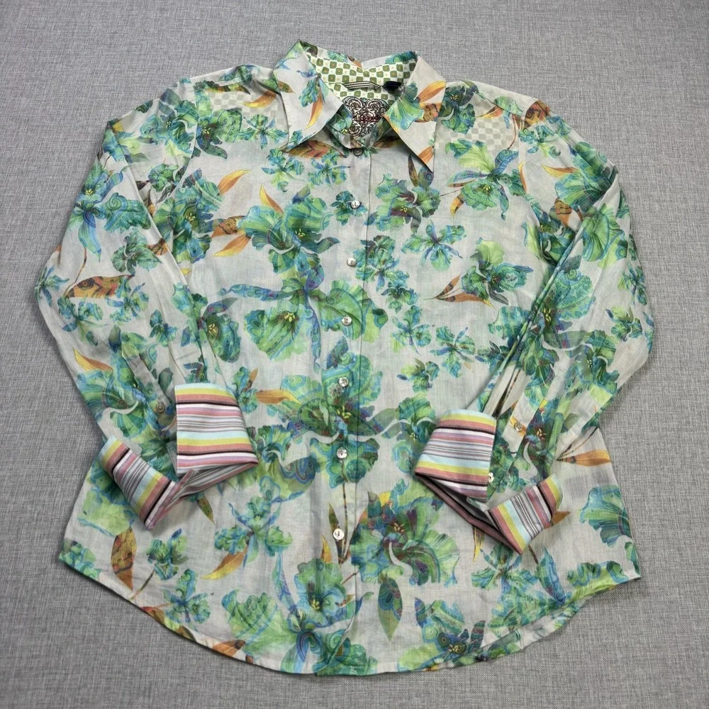 Robert Graham Floral Button-Up Shirt Womens Large Green Flip Cuffs Long Sleeve